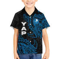 Yap Island Tribal Heritage Family Matching Off Shoulder Short Dress and Hawaiian Shirt Micronesian Polynesian Tattoo Pattern Blue Black Cultural Art TS04 Son's Shirt Black Blue - Polynesian Pride