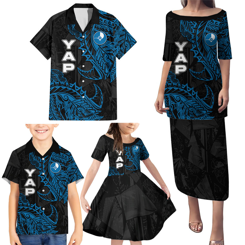 Yap Island Tribal Heritage Family Matching Puletasi and Hawaiian Shirt Micronesian Polynesian Tattoo Pattern Blue Black Cultural Art
