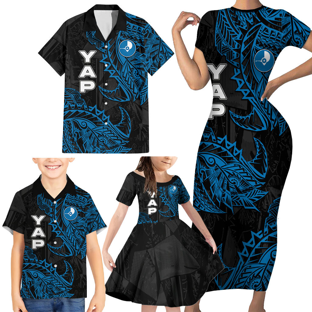 Yap Island Tribal Heritage Family Matching Short Sleeve Bodycon Dress and Hawaiian Shirt Micronesian Polynesian Tattoo Pattern Blue Black Cultural Art