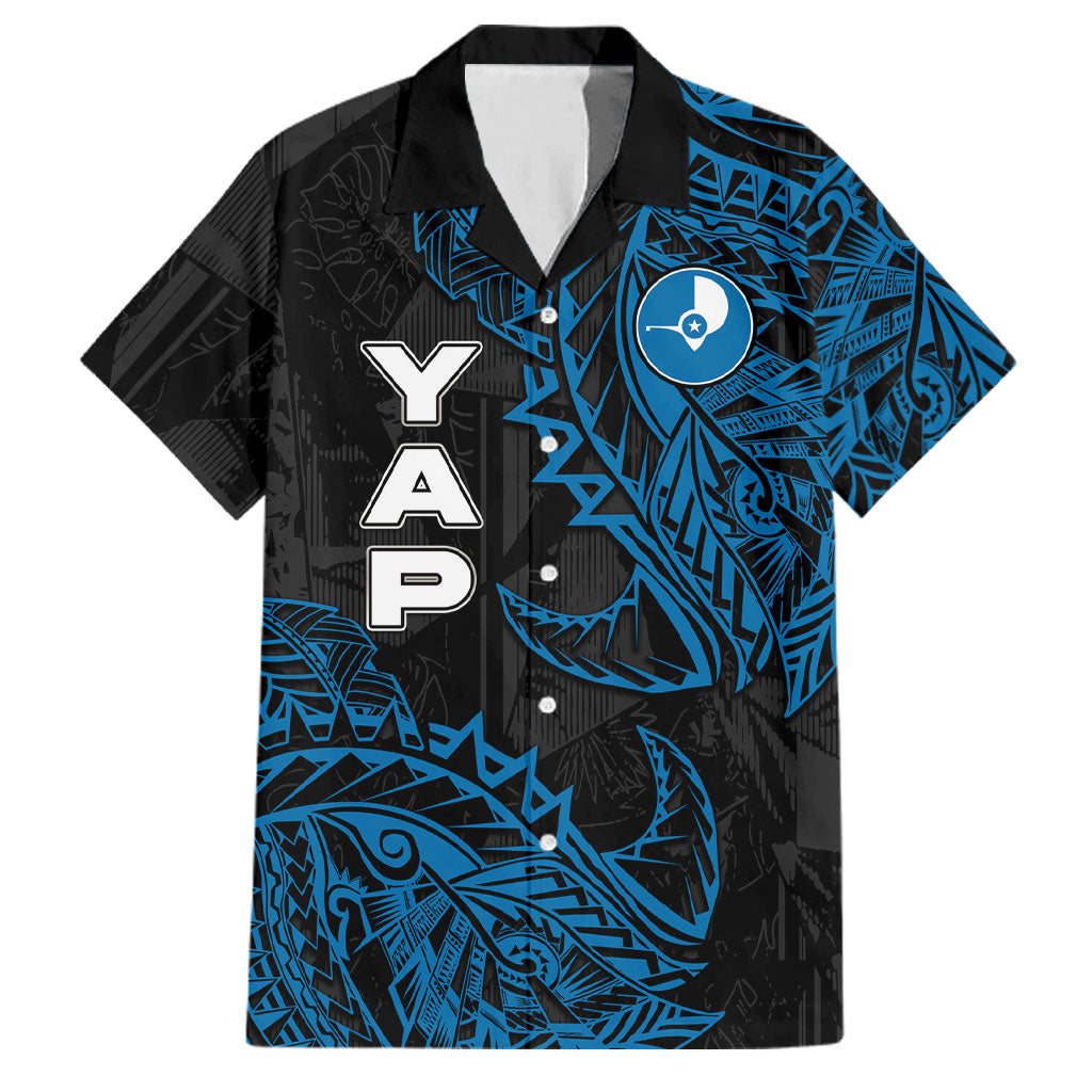 Yap Island Tribal Heritage Family Matching Summer Maxi Dress and Hawaiian Shirt Micronesian Polynesian Tattoo Pattern Blue Black Cultural Art TS04 Dad's Shirt - Short Sleeve Black Blue - Polynesian Pride