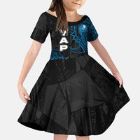 Yap Island Tribal Heritage Family Matching Tank Maxi Dress and Hawaiian Shirt Micronesian Polynesian Tattoo Pattern Blue Black Cultural Art