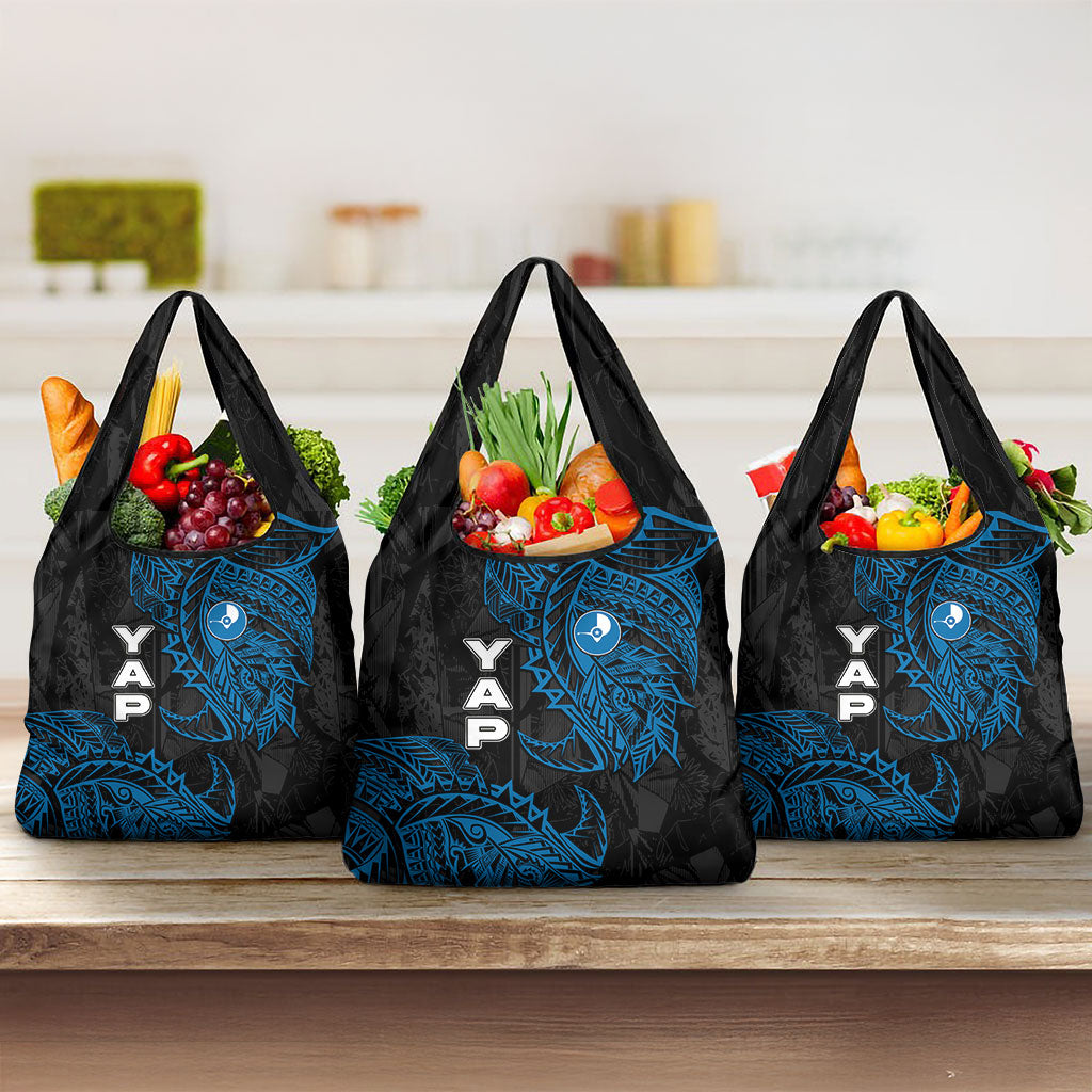 Yap Island Tribal Heritage Grocery Bag Micronesian Polynesian Tattoo Pattern Blue Black Cultural Art