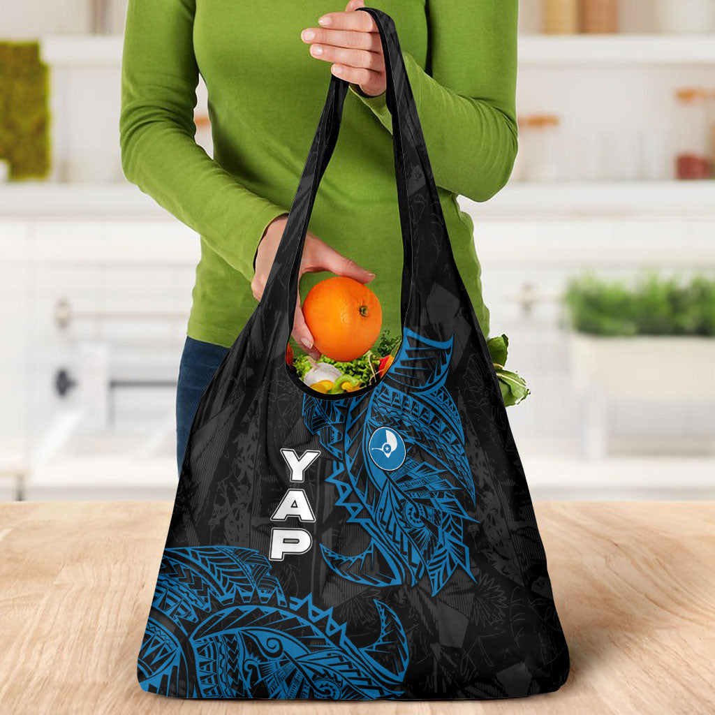 Yap Island Tribal Heritage Grocery Bag Micronesian Polynesian Tattoo Pattern Blue Black Cultural Art