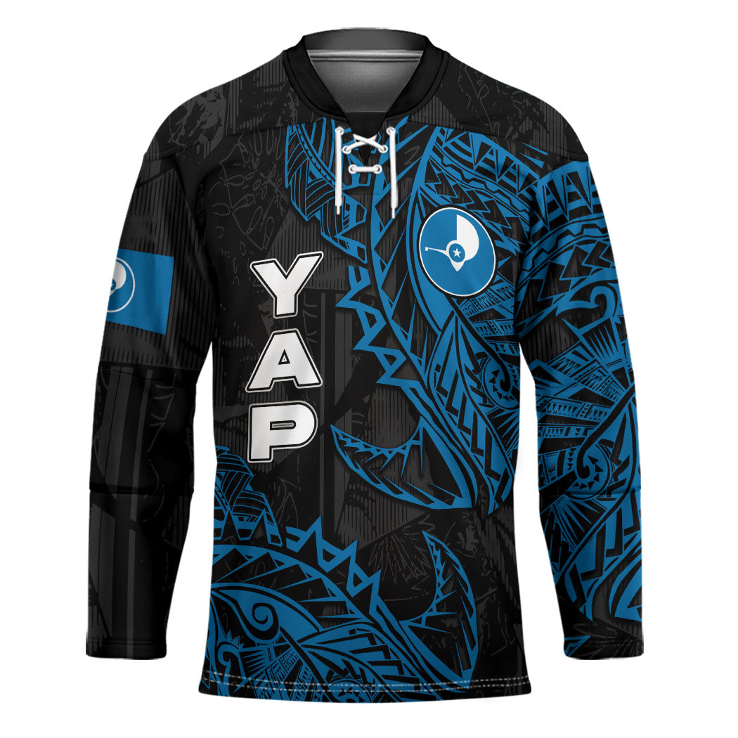Yap Island Tribal Heritage Hockey Jersey Micronesian Polynesian Tattoo Pattern Blue Black Cultural Art