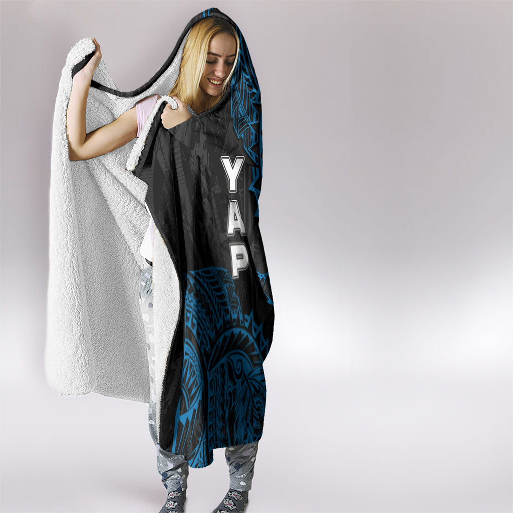 Yap Island Tribal Heritage Hooded Blanket Micronesian Polynesian Tattoo Pattern Blue Black Cultural Art