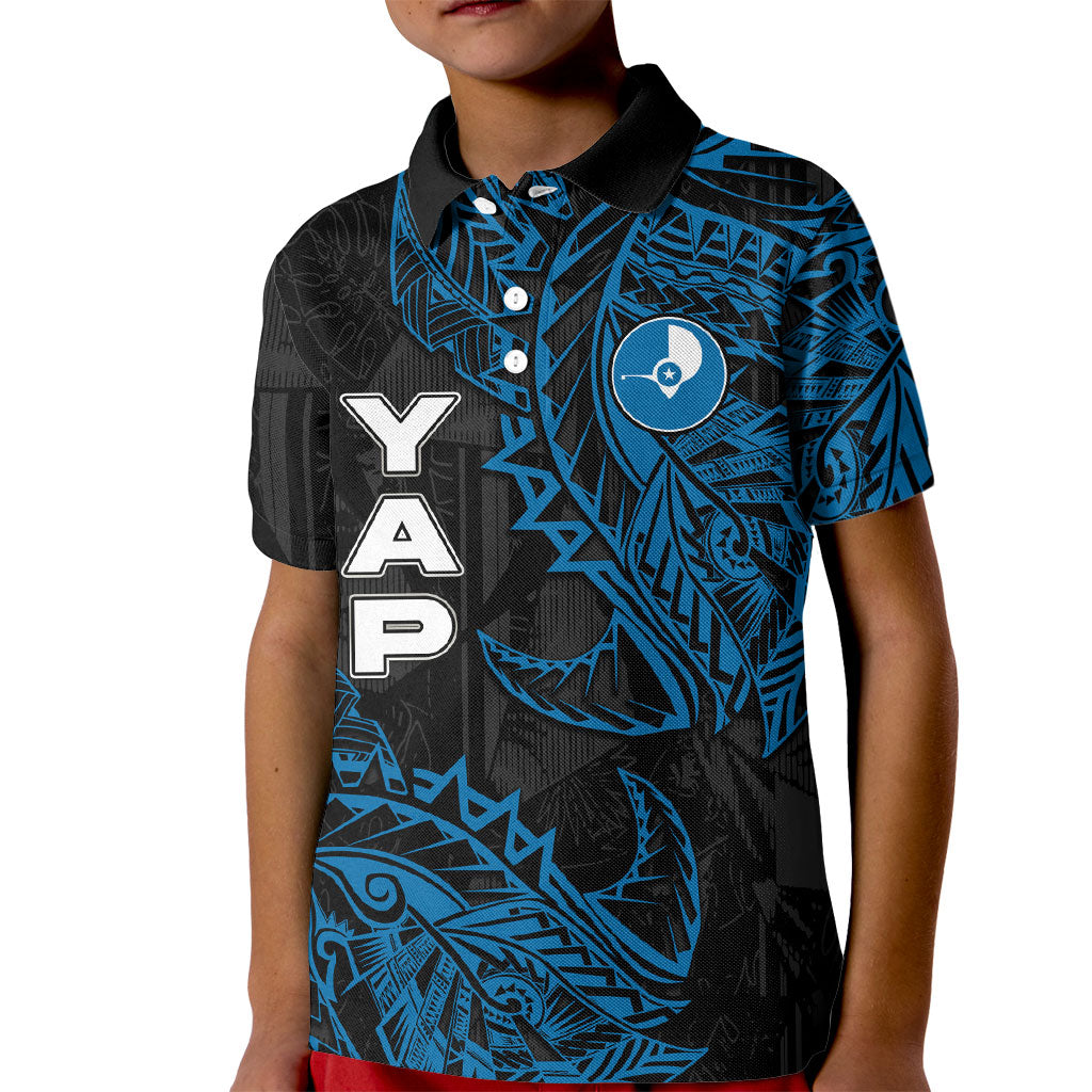 Yap Island Tribal Heritage Kid Polo Shirt Micronesian Polynesian Tattoo Pattern Blue Black Cultural Art