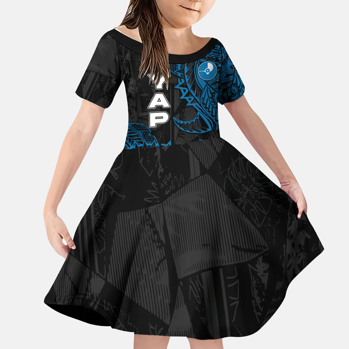 Yap Island Tribal Heritage Kid Short Sleeve Dress Micronesian Polynesian Tattoo Pattern Blue Black Cultural Art