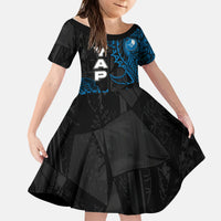 Yap Island Tribal Heritage Kid Short Sleeve Dress Micronesian Polynesian Tattoo Pattern Blue Black Cultural Art
