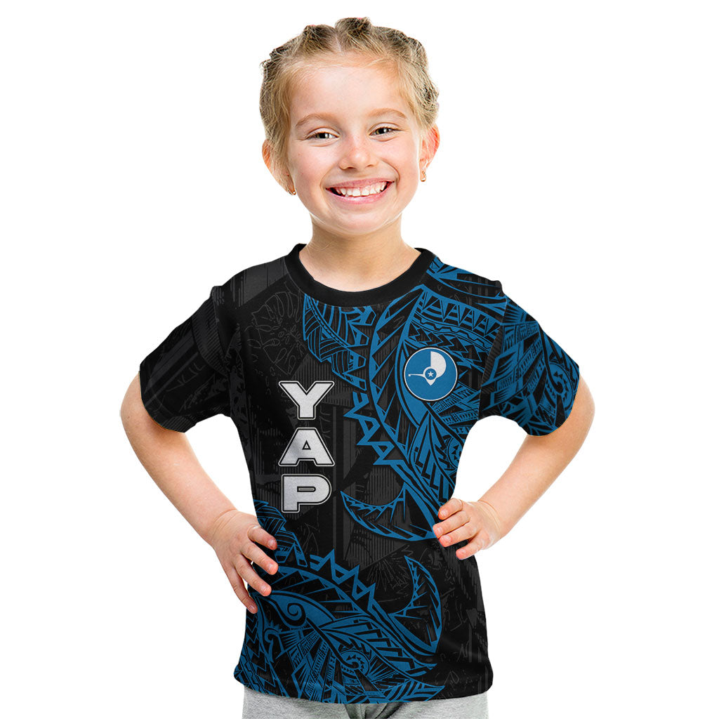 Yap Island Tribal Heritage Kid T Shirt Micronesian Polynesian Tattoo Pattern Blue Black Cultural Art