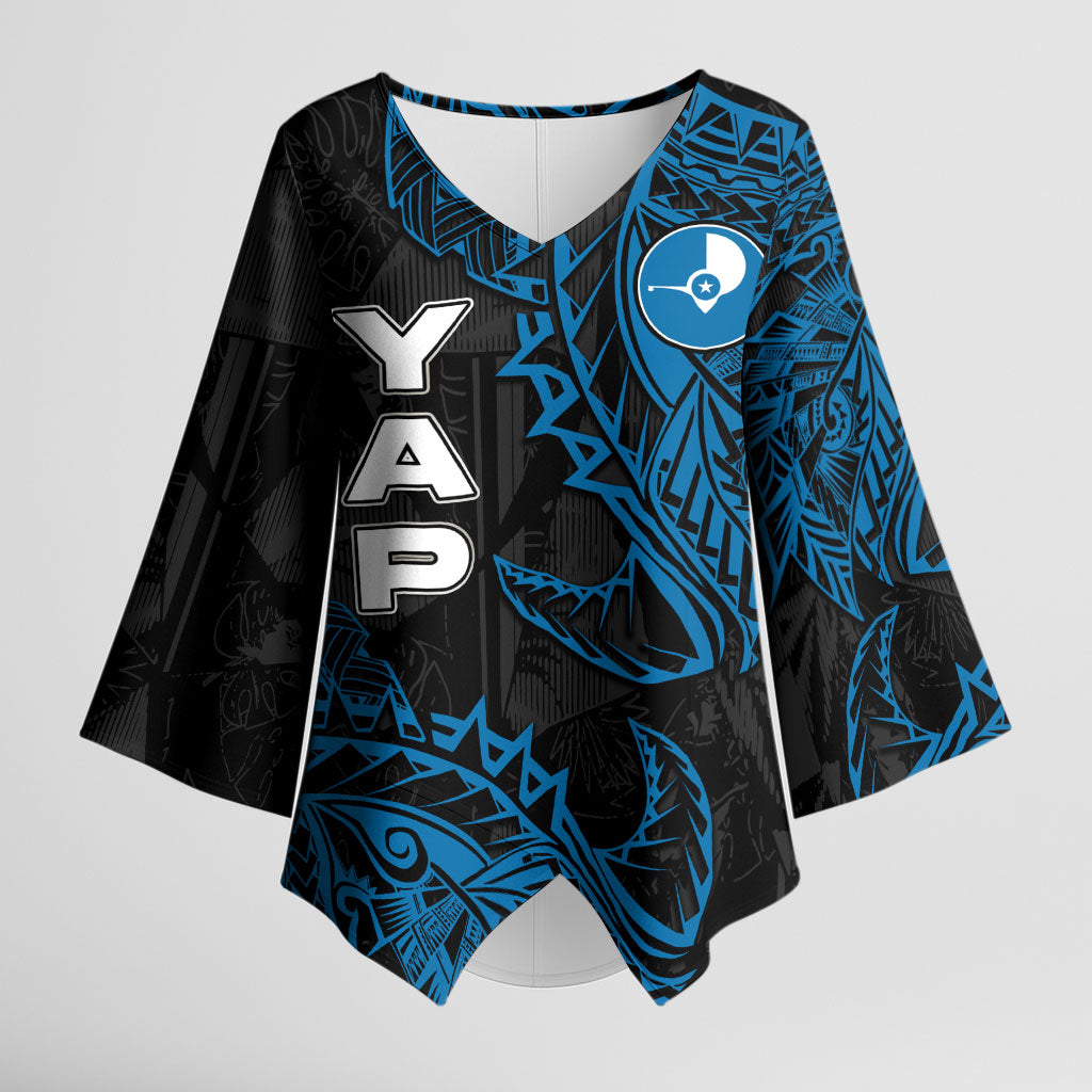 Yap Island Tribal Heritage Kimono Sleeve Blouse Micronesian Polynesian Tattoo Pattern Blue Black Cultural Art