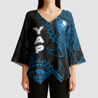 Yap Island Tribal Heritage Kimono Sleeve Blouse Micronesian Polynesian Tattoo Pattern Blue Black Cultural Art