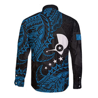 Yap Island Tribal Heritage Long Sleeve Button Shirt Micronesian Polynesian Tattoo Pattern Blue Black Cultural Art