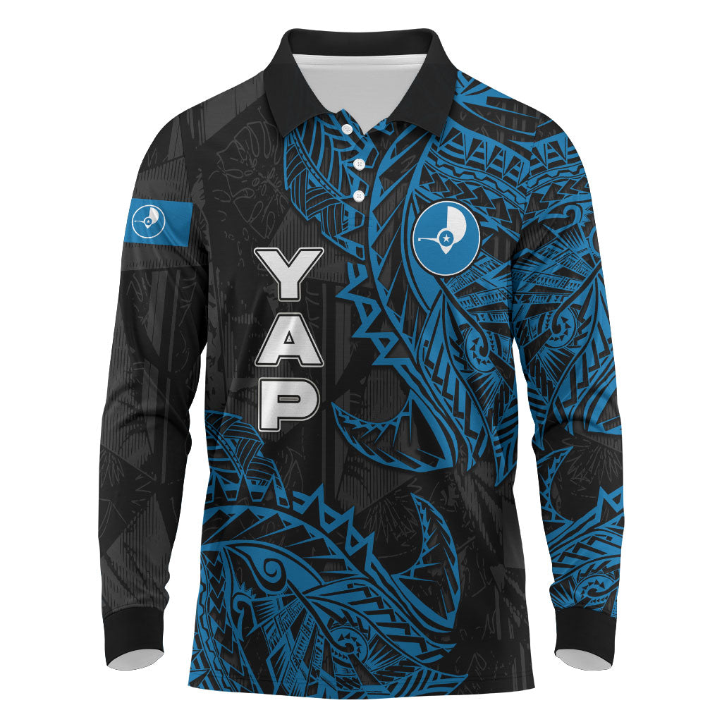 Yap Island Tribal Heritage Long Sleeve Polo Shirt Micronesian Polynesian Tattoo Pattern Blue Black Cultural Art