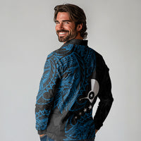 Yap Island Tribal Heritage Long Sleeve Polo Shirt Micronesian Polynesian Tattoo Pattern Blue Black Cultural Art