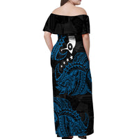 Yap Island Tribal Heritage Off Shoulder Maxi Dress Micronesian Polynesian Tattoo Pattern Blue Black Cultural Art