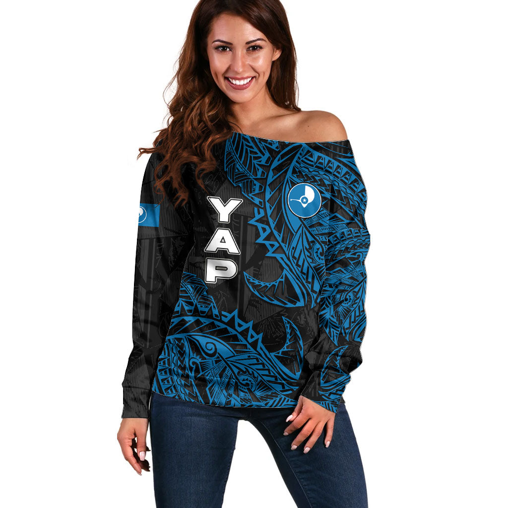 Yap Island Tribal Heritage Off Shoulder Sweater Micronesian Polynesian Tattoo Pattern Blue Black Cultural Art