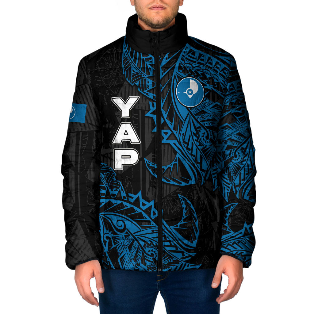Yap Island Tribal Heritage Padded Jacket Micronesian Polynesian Tattoo Pattern Blue Black Cultural Art