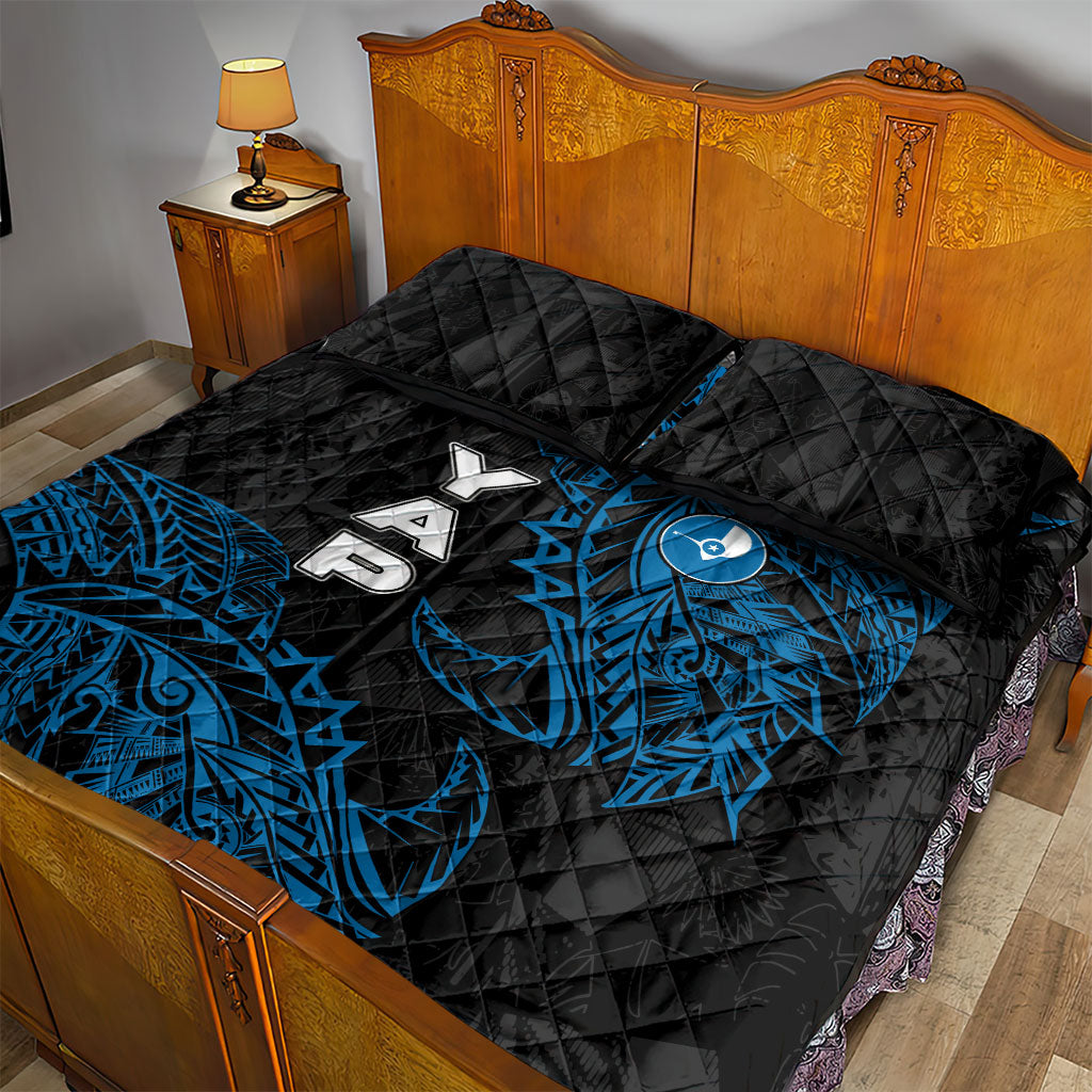 Yap Island Tribal Heritage Quilt Bed Set Micronesian Polynesian Tattoo Pattern Blue Black Cultural Art