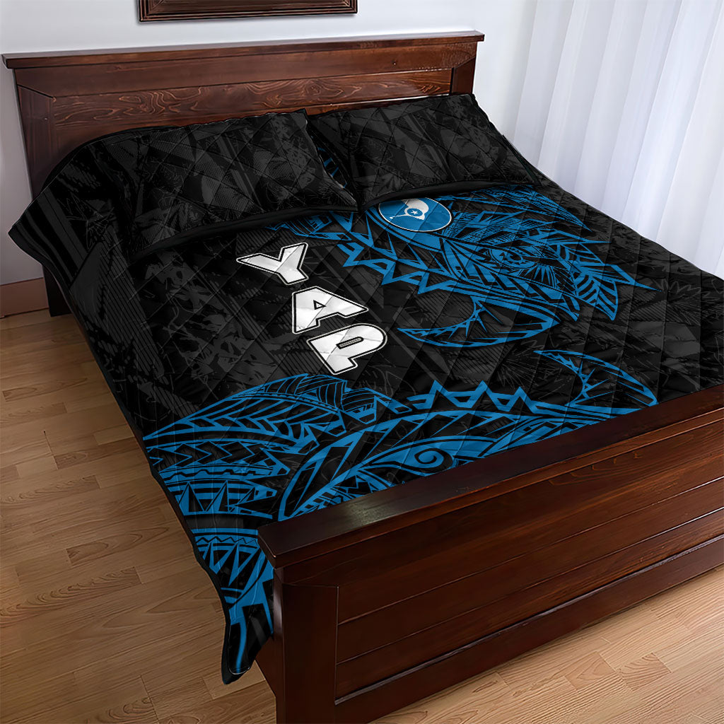 Yap Island Tribal Heritage Quilt Bed Set Micronesian Polynesian Tattoo Pattern Blue Black Cultural Art