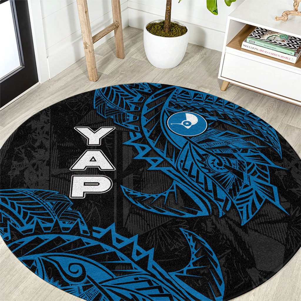 Yap Island Tribal Heritage Round Carpet Micronesian Polynesian Tattoo Pattern Blue Black Cultural Art