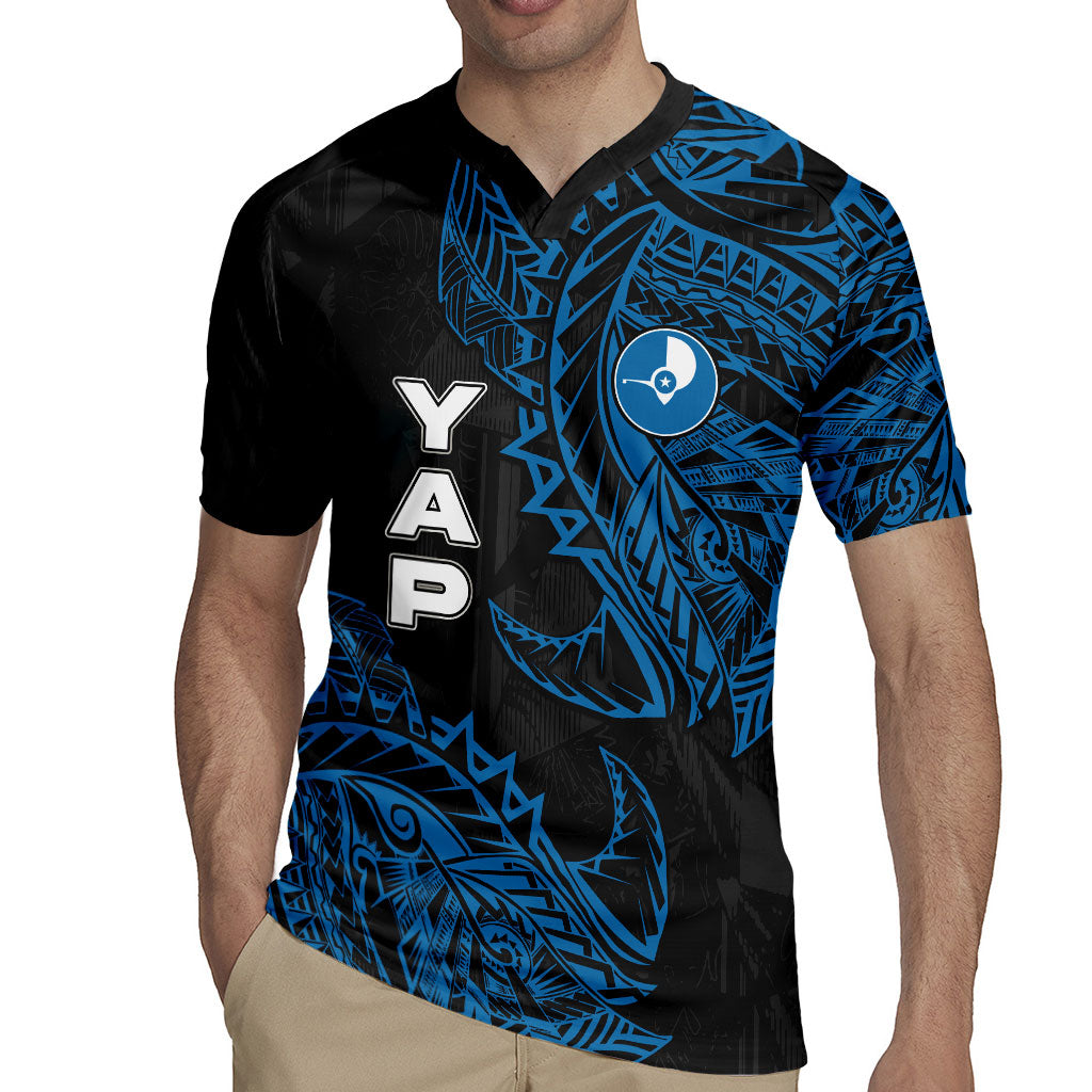 Yap Island Tribal Heritage Rugby Jersey Micronesian Polynesian Tattoo Pattern Blue Black Cultural Art