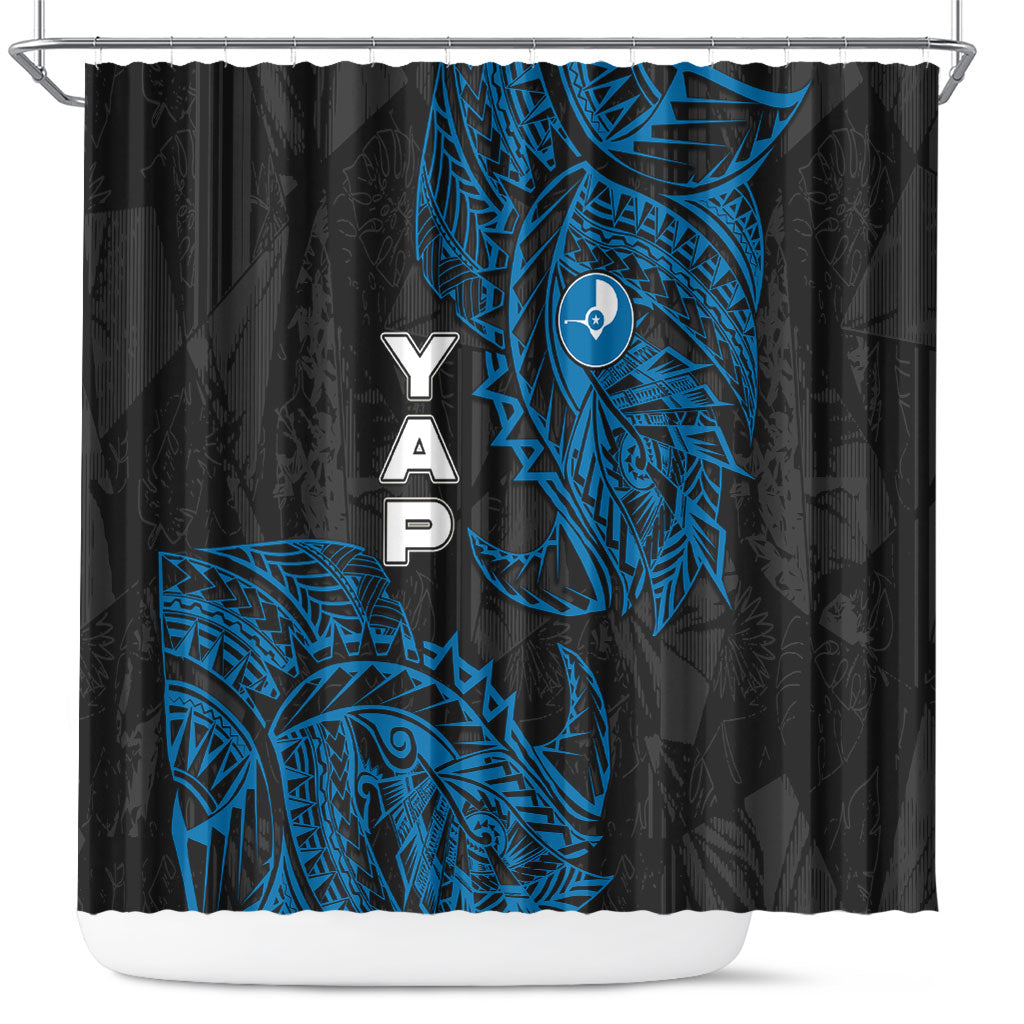 Yap Island Tribal Heritage Shower Curtain Micronesian Polynesian Tattoo Pattern Blue Black Cultural Art