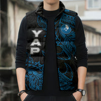 Yap Island Tribal Heritage Sleeveless Puffer Jacket Micronesian Polynesian Tattoo Pattern Blue Black Cultural Art