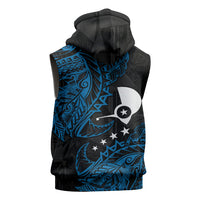 Yap Island Tribal Heritage Sleeveless Zip Hoodie Micronesian Polynesian Tattoo Pattern Blue Black Cultural Art