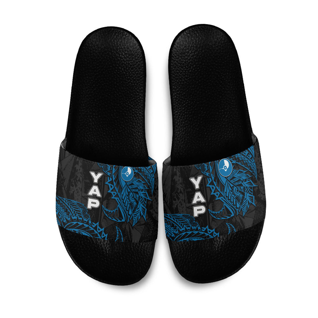 Yap Island Tribal Heritage Slide Sandals Micronesian Polynesian Tattoo Pattern Blue Black Cultural Art