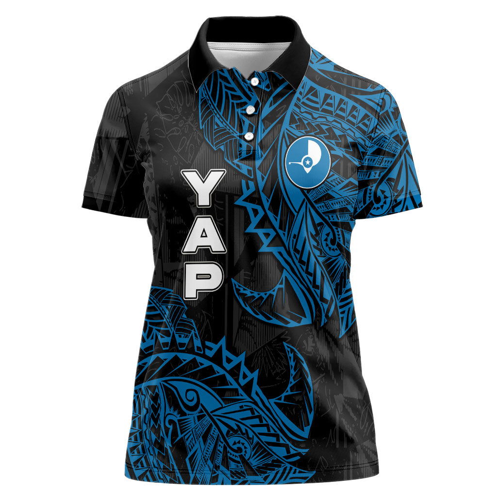 Yap Island Tribal Heritage Women Polo Shirt Micronesian Polynesian Tattoo Pattern Blue Black Cultural Art