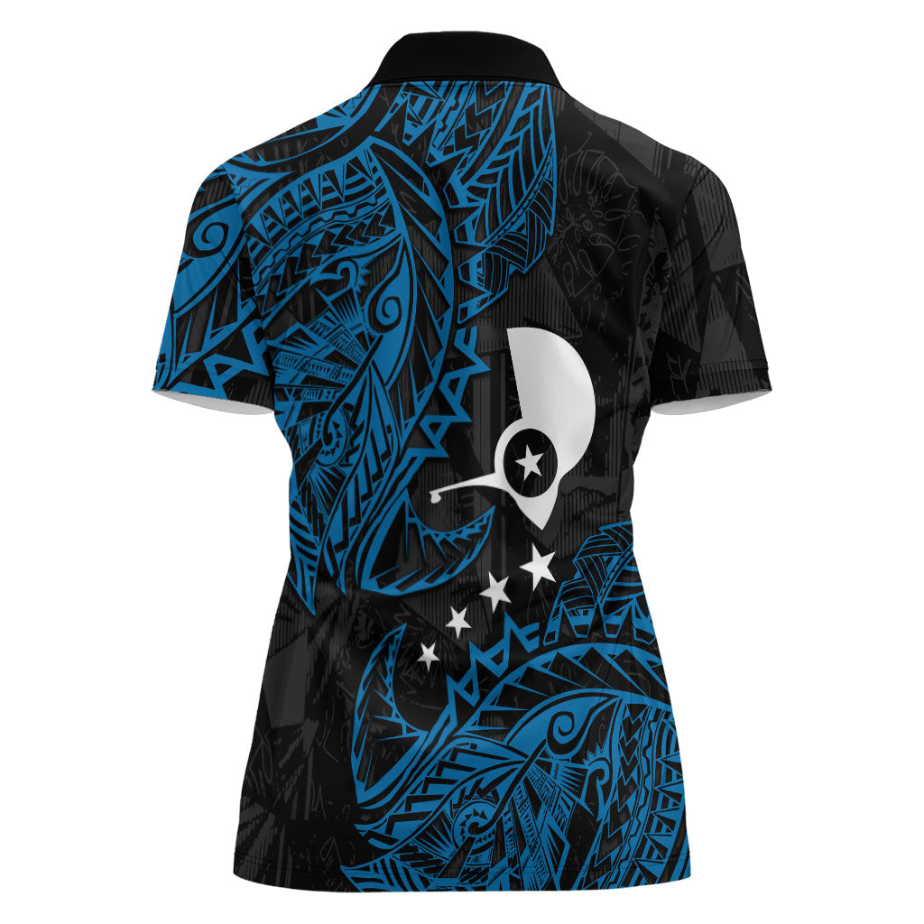Yap Island Tribal Heritage Women Polo Shirt Micronesian Polynesian Tattoo Pattern Blue Black Cultural Art
