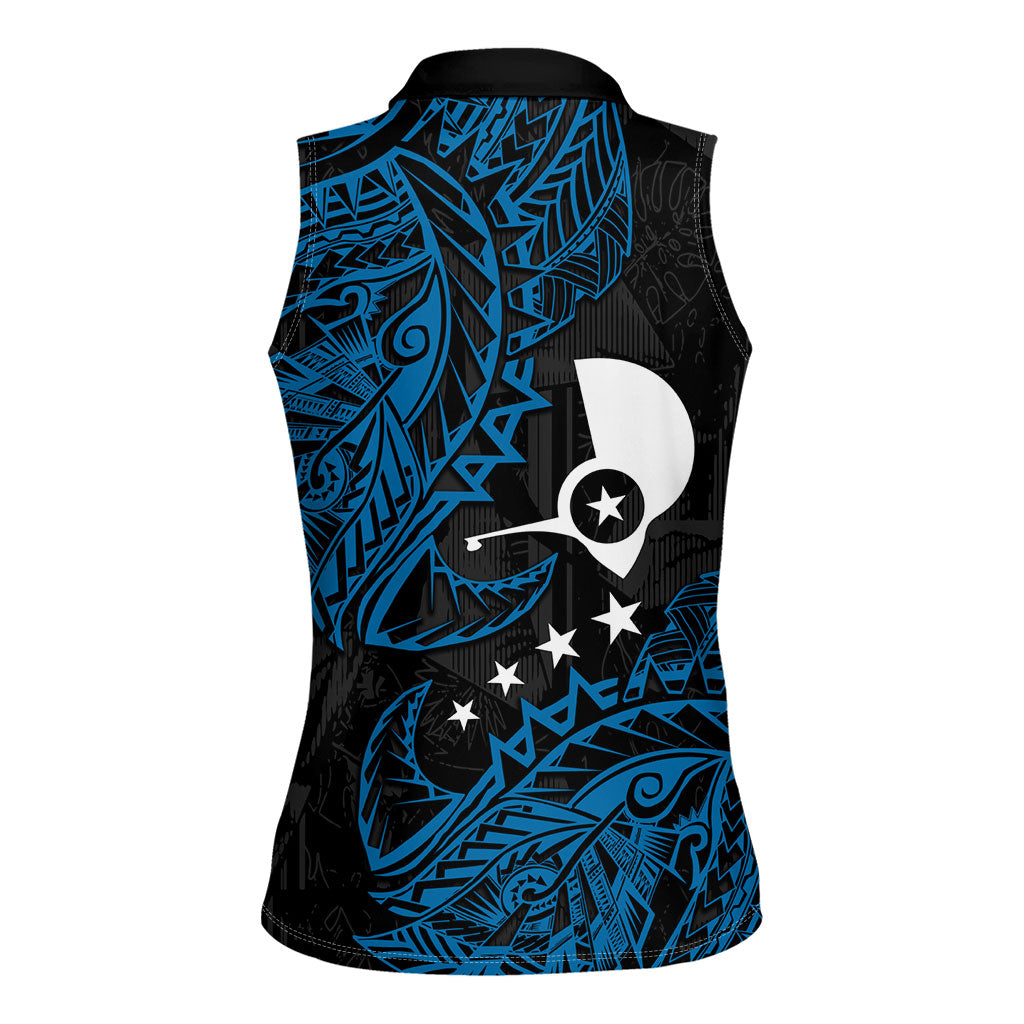 Yap Island Tribal Heritage Women Sleeveless Polo Shirt Micronesian Polynesian Tattoo Pattern Blue Black Cultural Art