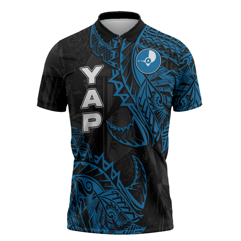 Yap Island Tribal Heritage Zipper Polo Shirt Micronesian Polynesian Tattoo Pattern Blue Black Cultural Art