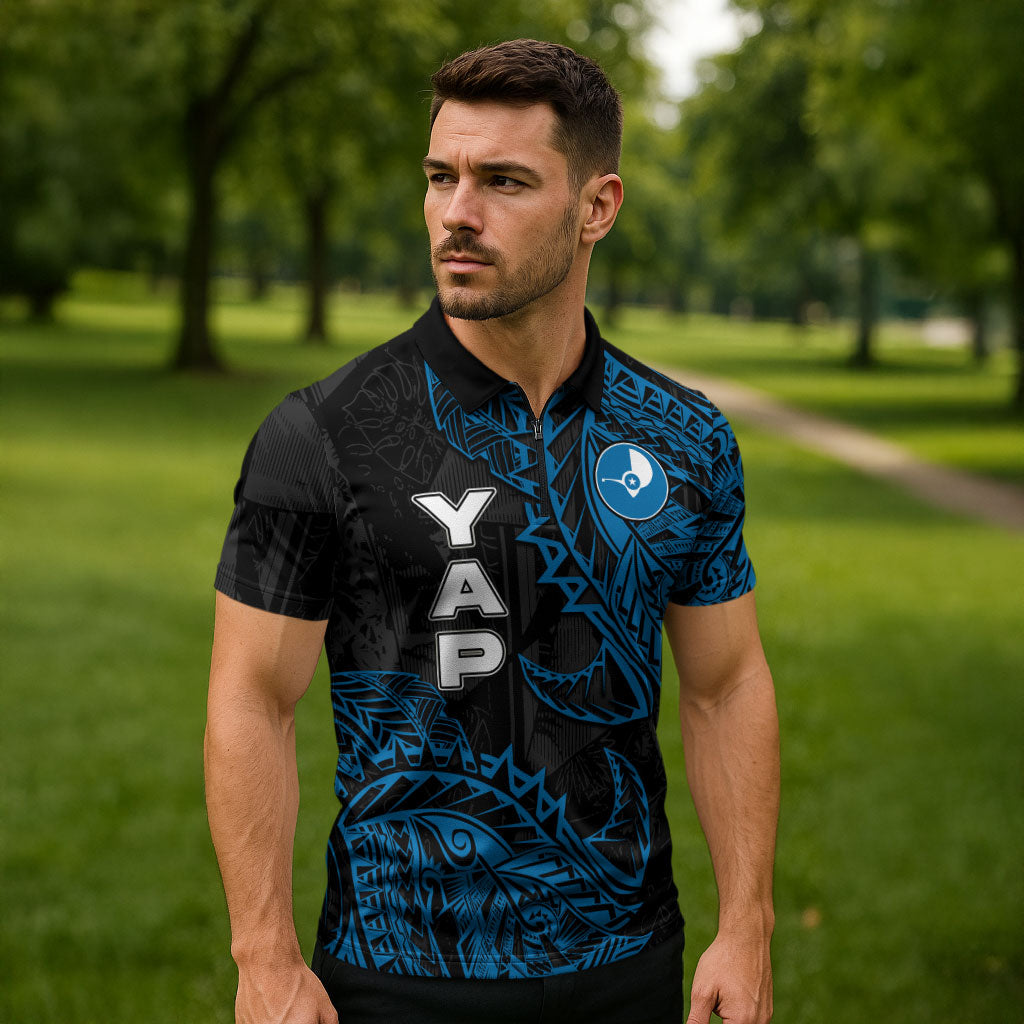 Yap Island Tribal Heritage Zipper Polo Shirt Micronesian Polynesian Tattoo Pattern Blue Black Cultural Art