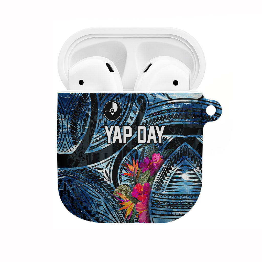 Yap Day Island Floral Tribal Heritage AirPods Case Micronesian Hibiscus Pattern Polynesian Tattoo Blue Art