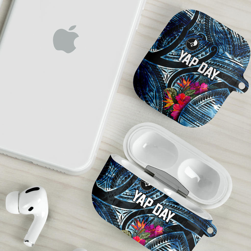 Yap Day Island Floral Tribal Heritage AirPods Case Micronesian Hibiscus Pattern Polynesian Tattoo Blue Art