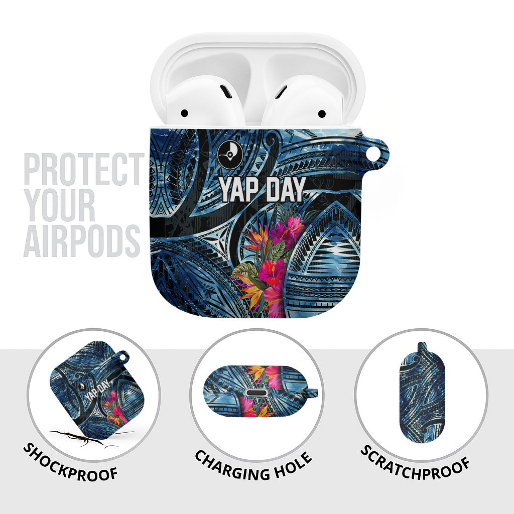 Yap Day Island Floral Tribal Heritage AirPods Case Micronesian Hibiscus Pattern Polynesian Tattoo Blue Art