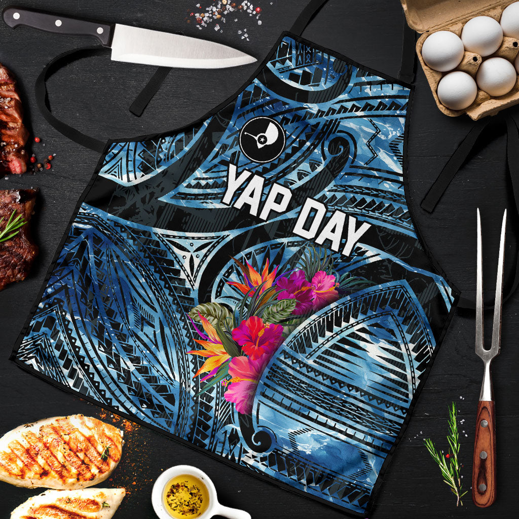 Yap Day Island Floral Tribal Heritage Apron Micronesian Hibiscus Pattern Polynesian Tattoo Blue Art