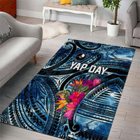 Yap Day Island Floral Tribal Heritage Area Rug Micronesian Hibiscus Pattern Polynesian Tattoo Blue Art