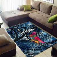 Yap Day Island Floral Tribal Heritage Area Rug Micronesian Hibiscus Pattern Polynesian Tattoo Blue Art