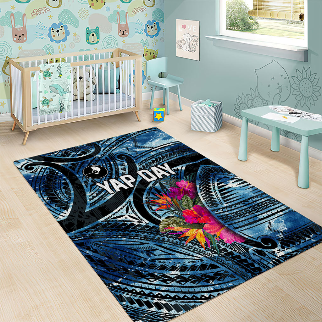 Yap Day Island Floral Tribal Heritage Area Rug Micronesian Hibiscus Pattern Polynesian Tattoo Blue Art