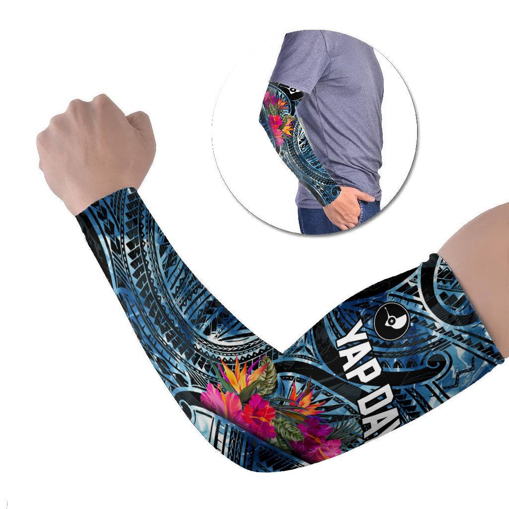 Yap Day Island Floral Tribal Heritage Arm Sleeves Micronesian Hibiscus Pattern Polynesian Tattoo Blue Art