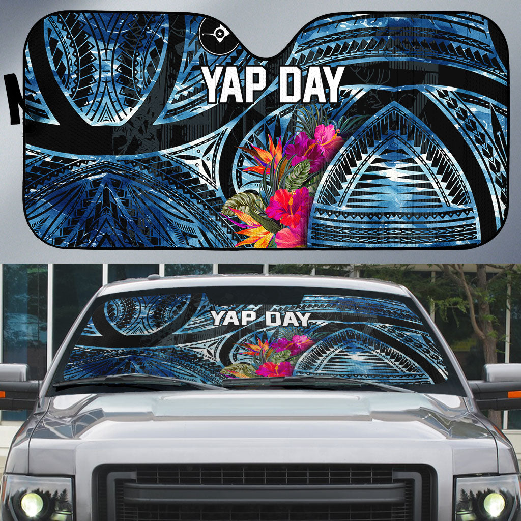 Yap Day Island Floral Tribal Heritage Auto Sun Shade Micronesian Hibiscus Pattern Polynesian Tattoo Blue Art