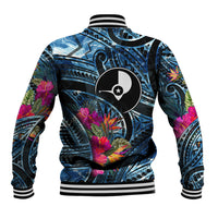Yap Day Island Floral Tribal Heritage Baseball Jacket Micronesian Hibiscus Pattern Polynesian Tattoo Blue Art
