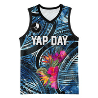 Yap Day Island Floral Tribal Heritage Basketball Jersey Micronesian Hibiscus Pattern Polynesian Tattoo Blue Art