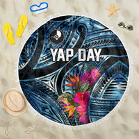 Yap Day Island Floral Tribal Heritage Beach Blanket Micronesian Hibiscus Pattern Polynesian Tattoo Blue Art