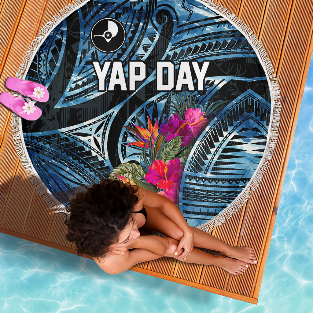 Yap Day Island Floral Tribal Heritage Beach Blanket Micronesian Hibiscus Pattern Polynesian Tattoo Blue Art
