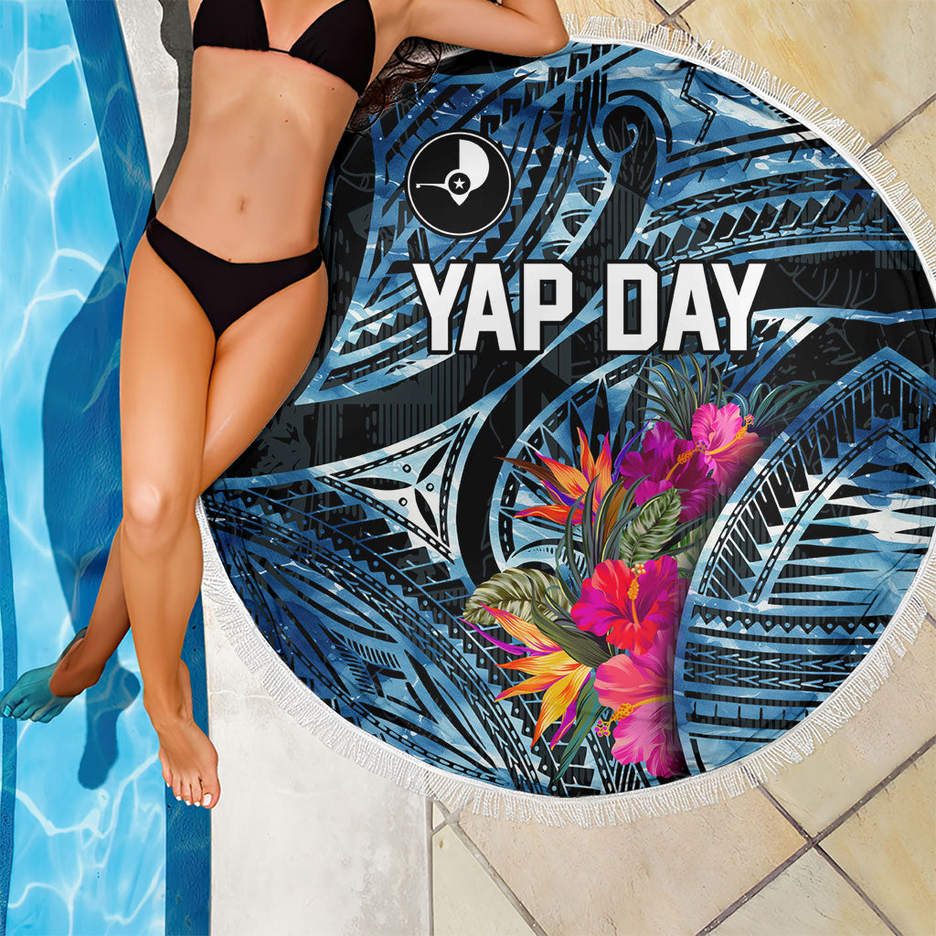 Yap Day Island Floral Tribal Heritage Beach Blanket Micronesian Hibiscus Pattern Polynesian Tattoo Blue Art