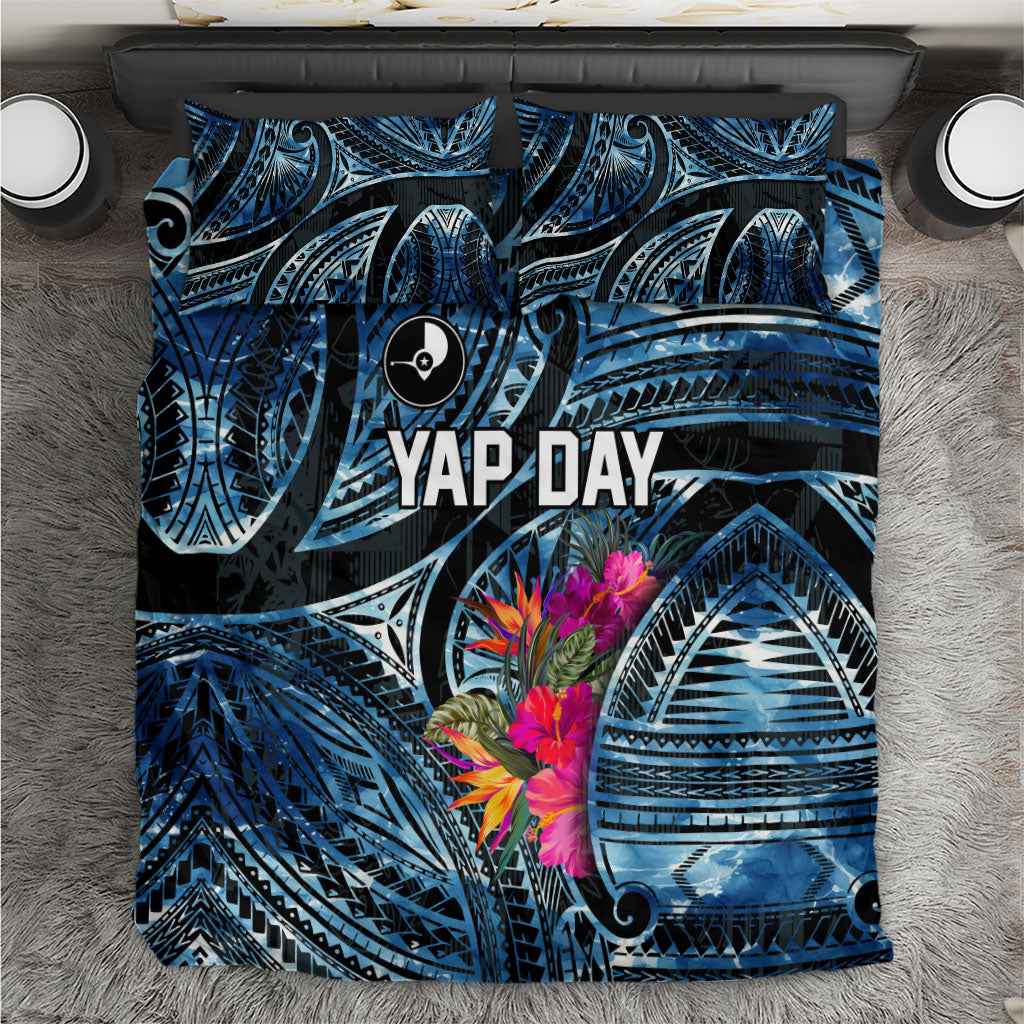 Yap Day Island Floral Tribal Heritage Bedding Set Micronesian Hibiscus Pattern Polynesian Tattoo Blue Art TS04 Black Blue - Polynesian Pride