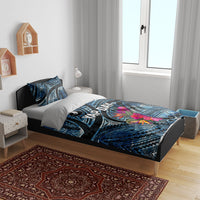 Yap Day Island Floral Tribal Heritage Bedding Set Micronesian Hibiscus Pattern Polynesian Tattoo Blue Art
